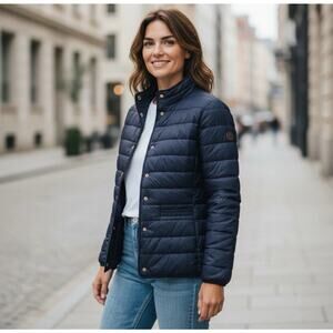 Lauren Ralph Lauren Quilted Jacket Women's M Dark Navy Front Snap Logo Patch